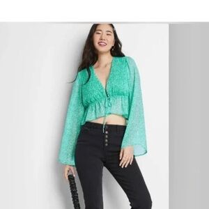 Target - Wild Fable Floral Tie Front Bell Sleeve Blouse, Green/Blue